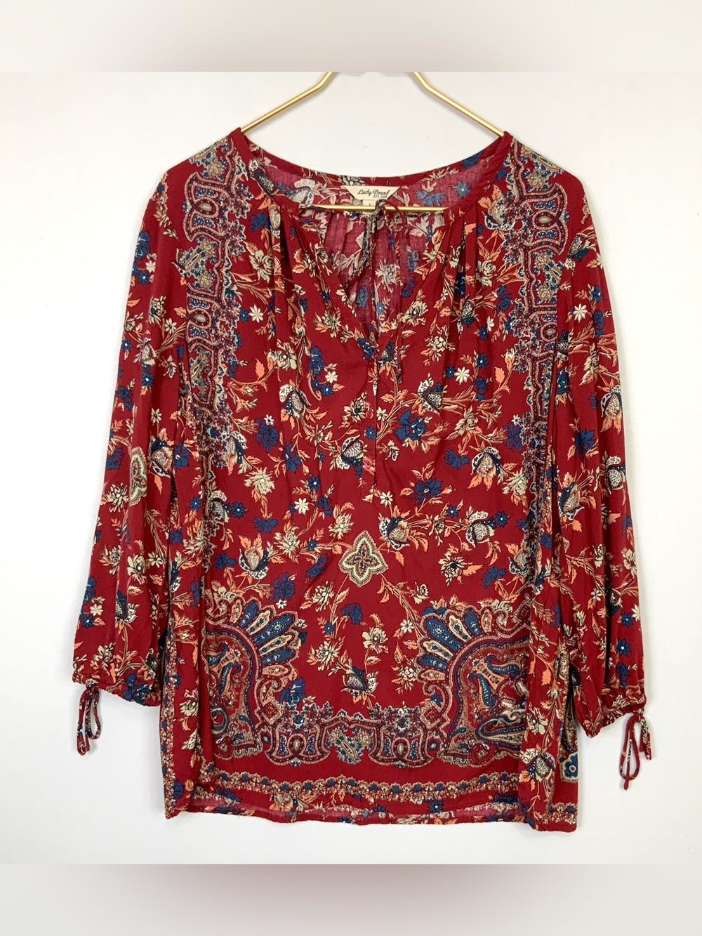 LUCKY BRAND Sz Large Floral Paisley Boho Long Sleeve Popover Blouse Top Red Blue